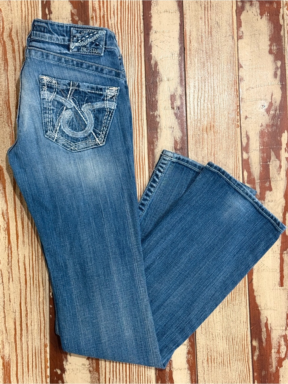 VTG 2009 Big Star Sweet Boot Ultra Low Rise Jeans 27L Thick Stitch Y2K McBling